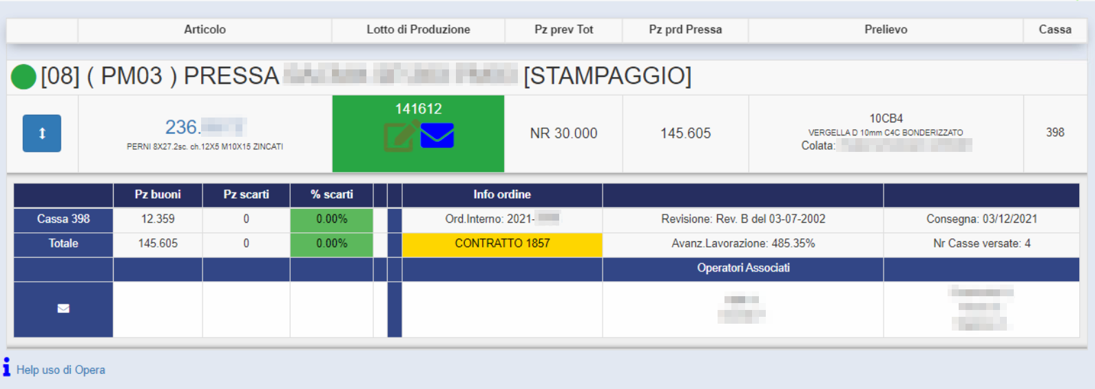 Schermata di Opera MES con dettaglio lavorazioni macchina e segnalazione di comunicazione